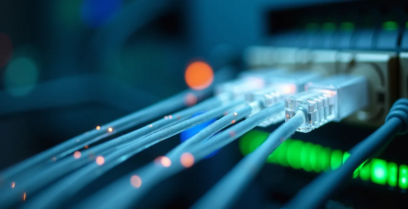 Makroaufnahme von Glasfaser-Netzwerkkabeln in einem Edge-Computing-Rechenzentrum