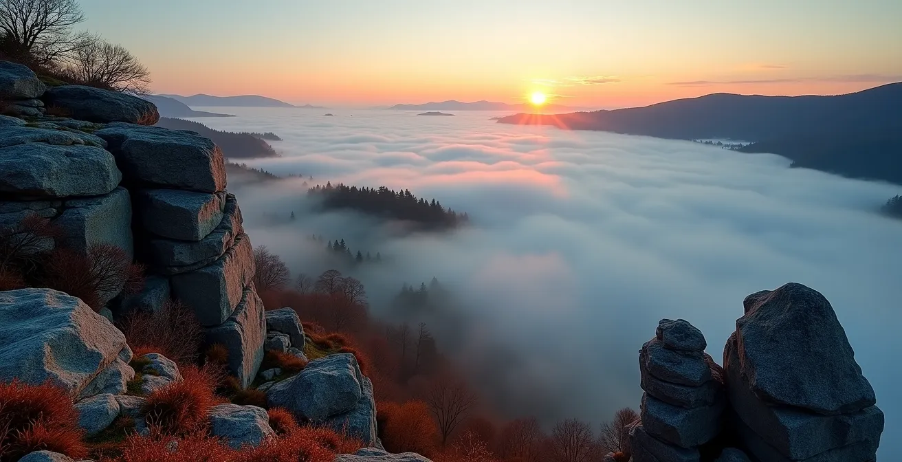 Nebelmeer zwischen Sandsteinfelsen im Morgengrauen