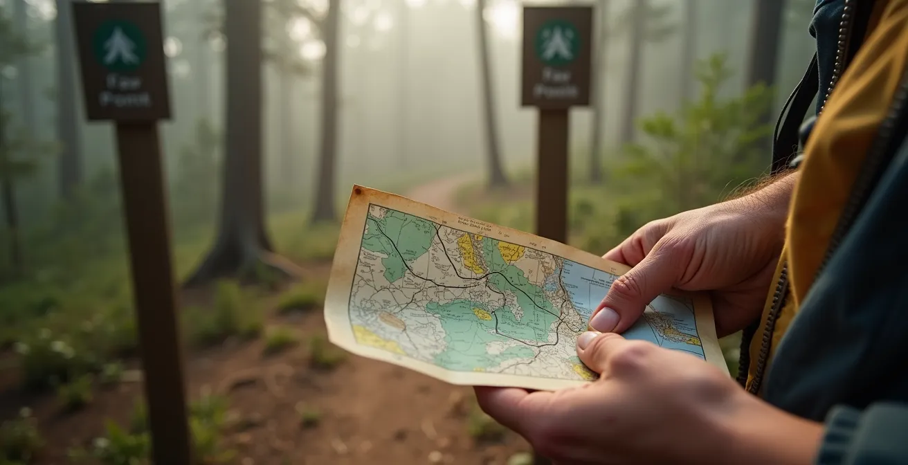 Wanderer studiert Wegmarkierung an Holzpfahl im deutschen Mittelgebirge