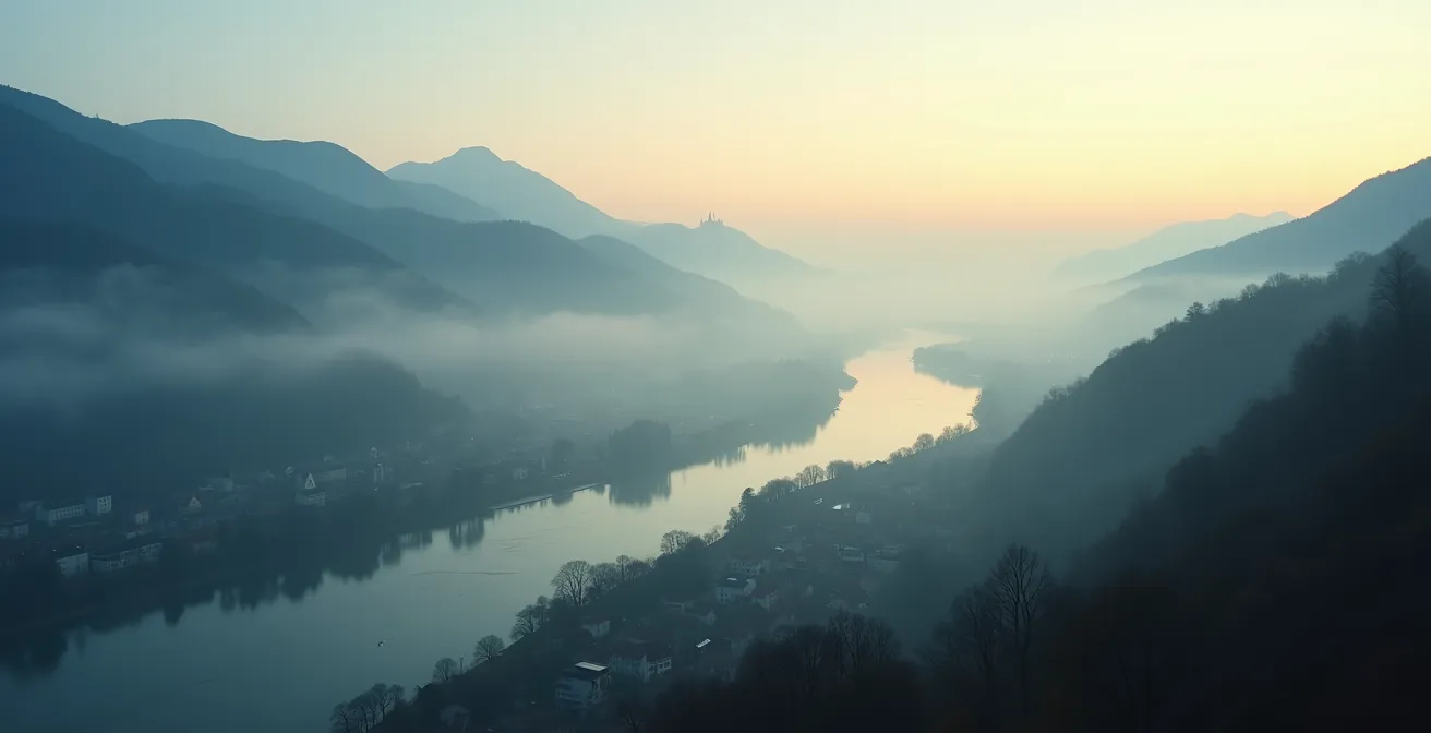 Panoramablick über eine historische Stadtlandschaft mit Fluss und mittelalterlichen Gebäuden, die das UNESCO-Welterbe Oberes Mittelrheintal darstellt.