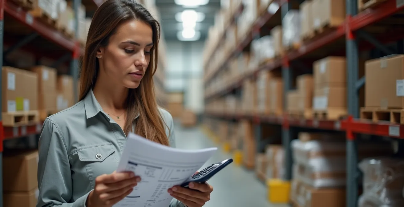 Ein deutscher Online-Händler prüft nachdenklich Versandoptionen in seinem Lager.