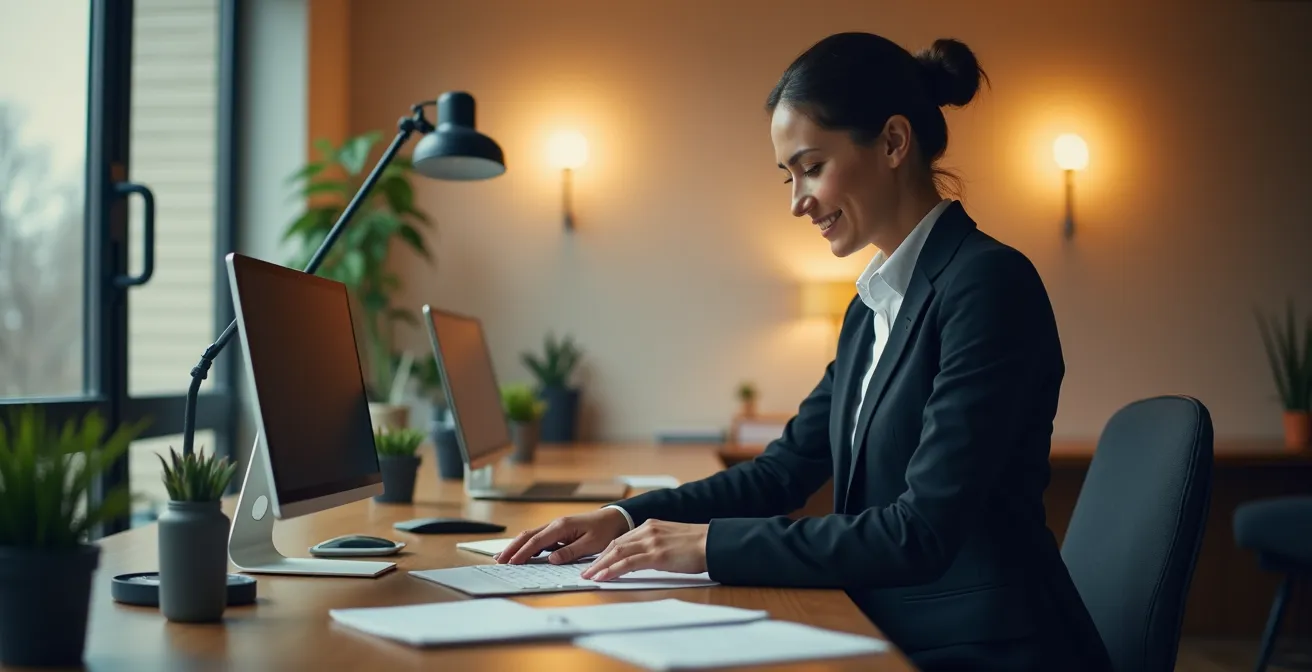 Geschäftsmann beim rituellen Aufräumen des Schreibtischs zum Feierabend