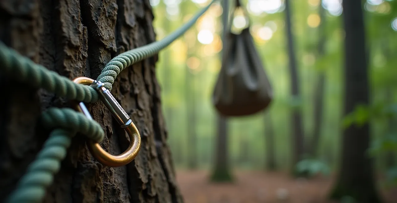 Nahaufnahme einer Seilkonstruktion zum Aufhängen von Nahrungsmitteln an einem Baum