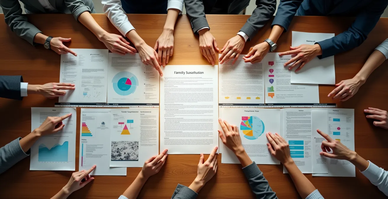 Detaillierte Visualisierung eines strukturierten 5-Jahres-Übergabeplans mit Familienverfassung