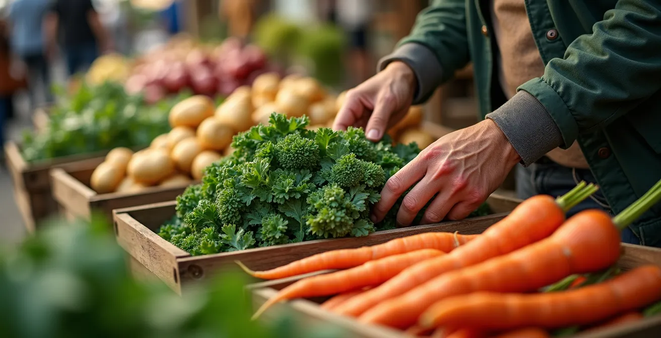 Frische regionale Lebensmittel auf deutschem Wochenmarkt arrangiert