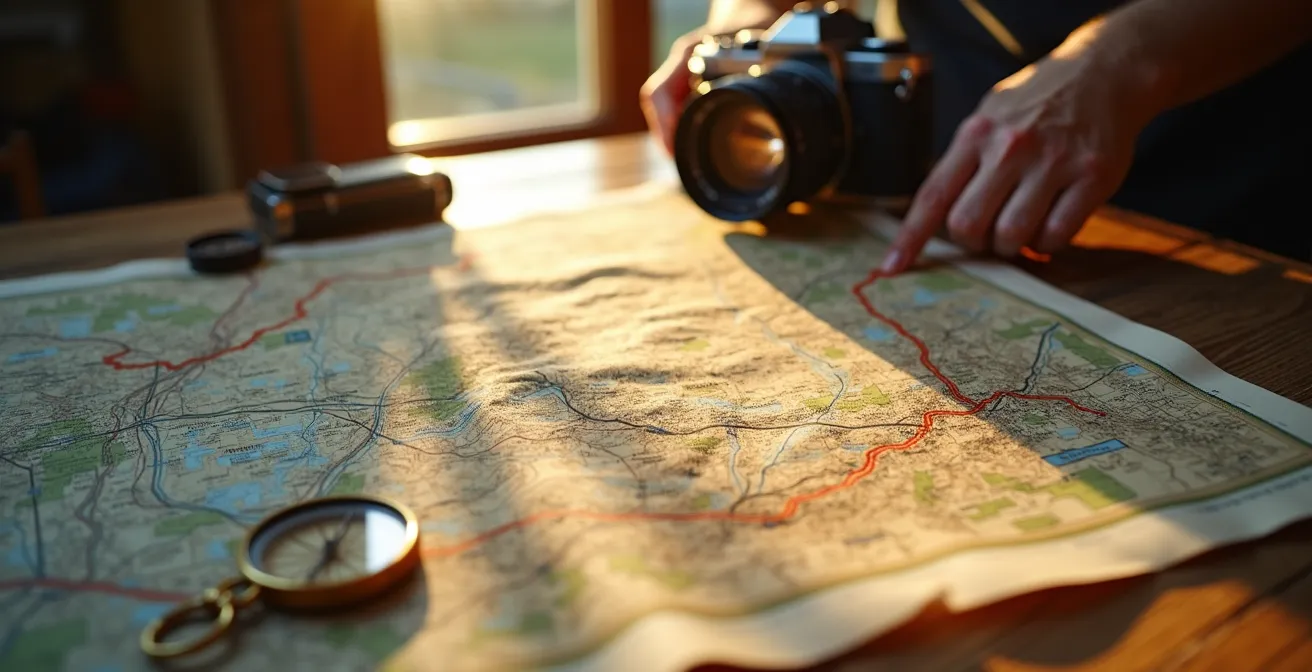 Laptop mit Google Earth zeigt potenzielle Fotospots in deutschen Landschaften