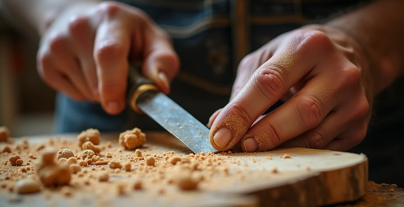 Handwerker bei der Arbeit mit traditionellen Materialien und Werkzeugen