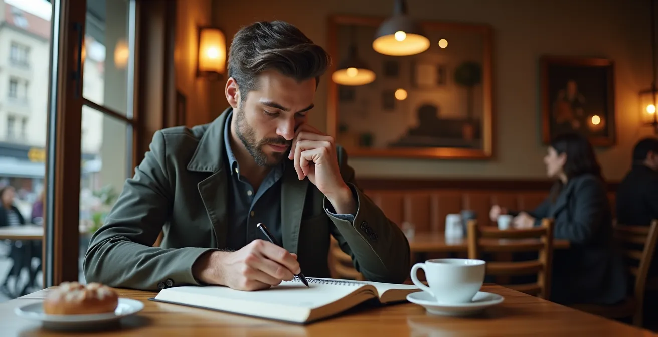 Eine Person analysiert konzentriert Hotelbewertungen auf einem Laptop und vergleicht sie mit Notizen in einem Journal.