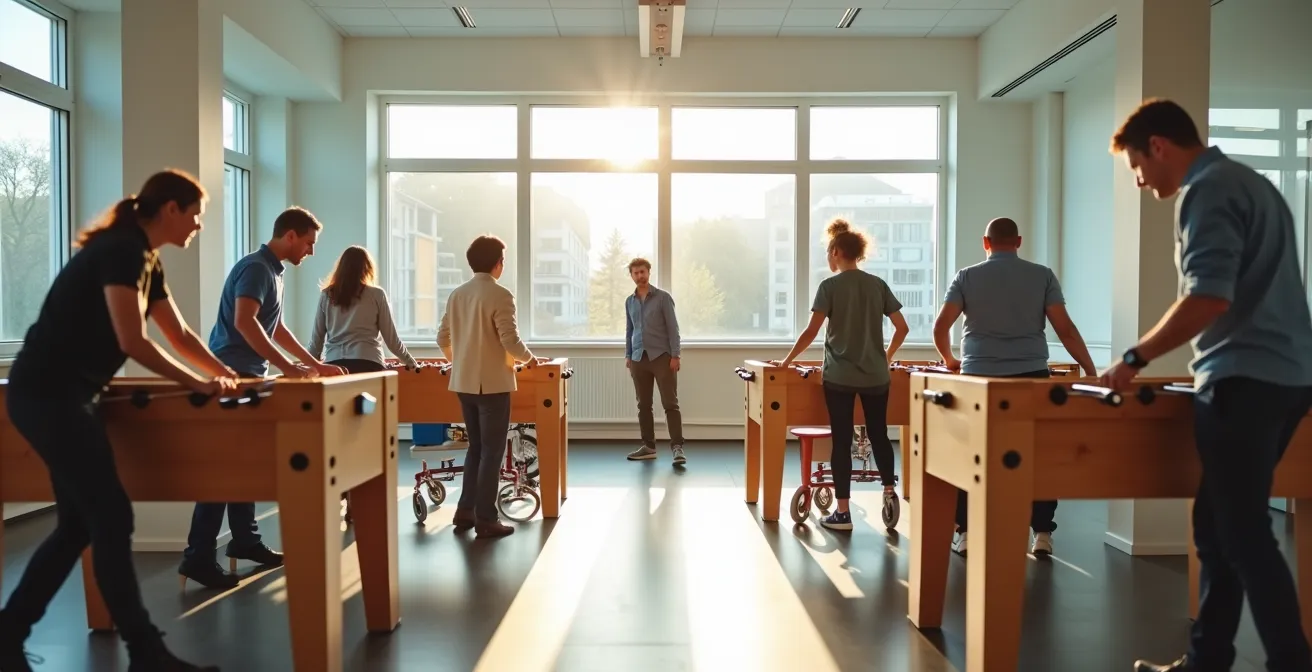 Diverse Mitarbeiter spielen gemeinsam am Tischkicker mit speziellen Handicap-Markierungen, was die inklusive Gestaltung des Events verdeutlicht.