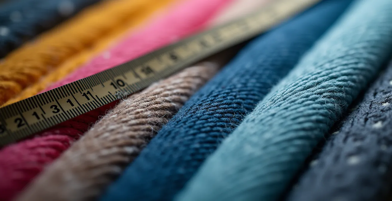 Detailaufnahme von verschiedenen Stofftexturen und einem Maßband als Symbol für präzise Größenangaben.