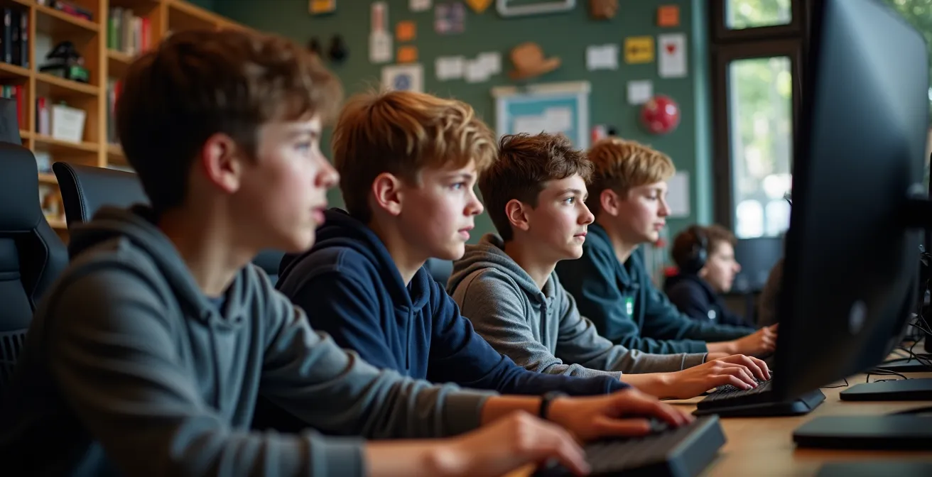 Jugendliche beim gemeinsamen E-Sport-Training im Vereinsheim mit Trainer