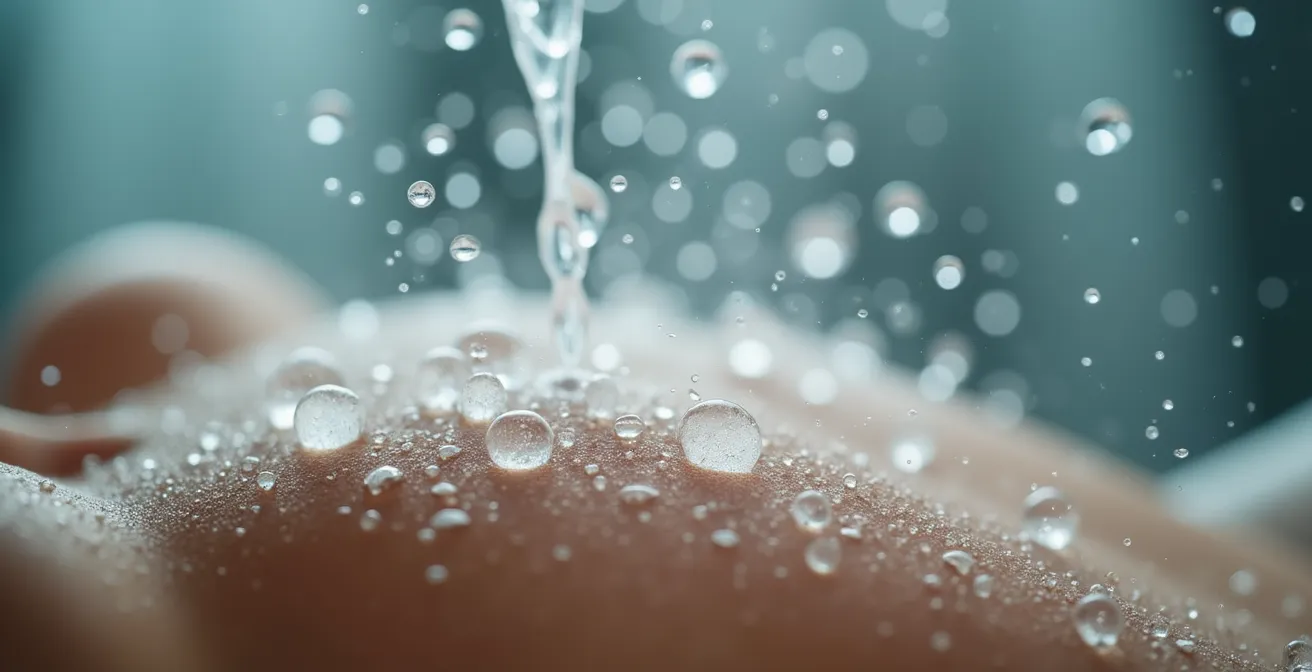 Nahaufnahme von Wassertropfen auf Haut während Wechseldusche