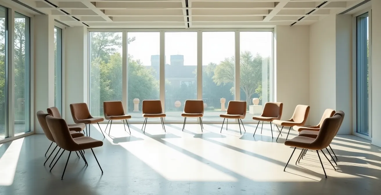 Weitwinkelaufnahme eines modernen Besprechungsraums mit kreisförmiger Sitzordnung