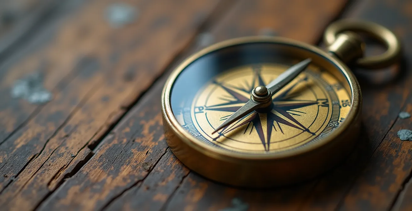 Nahaufnahme eines antiken Messingkompasses auf einer Holzoberfläche mit unscharfem Hintergrund