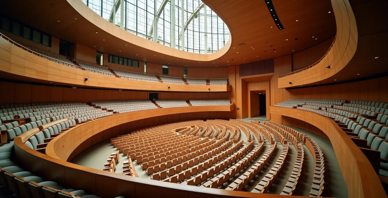Konzertbesucher in einer modernen Philharmonie von oben fotografiert