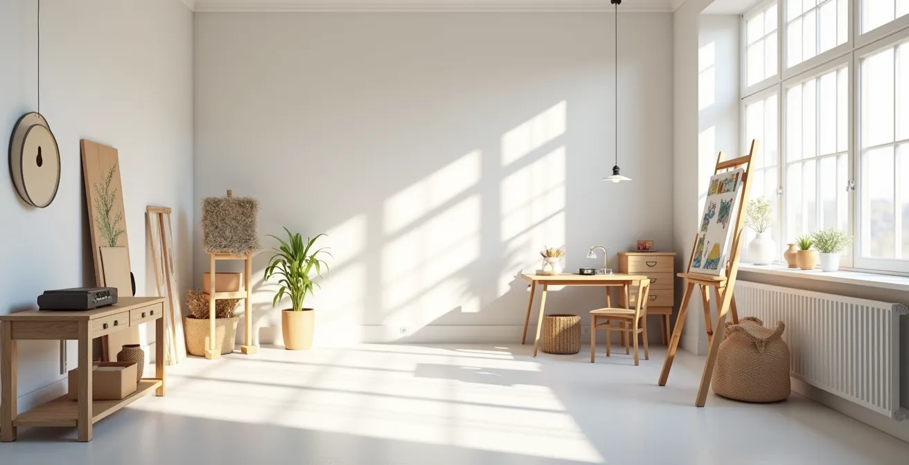 Weitwinkelaufnahme eines hellen Kunststudios mit verschiedenen kreativen Arbeitsbereichen