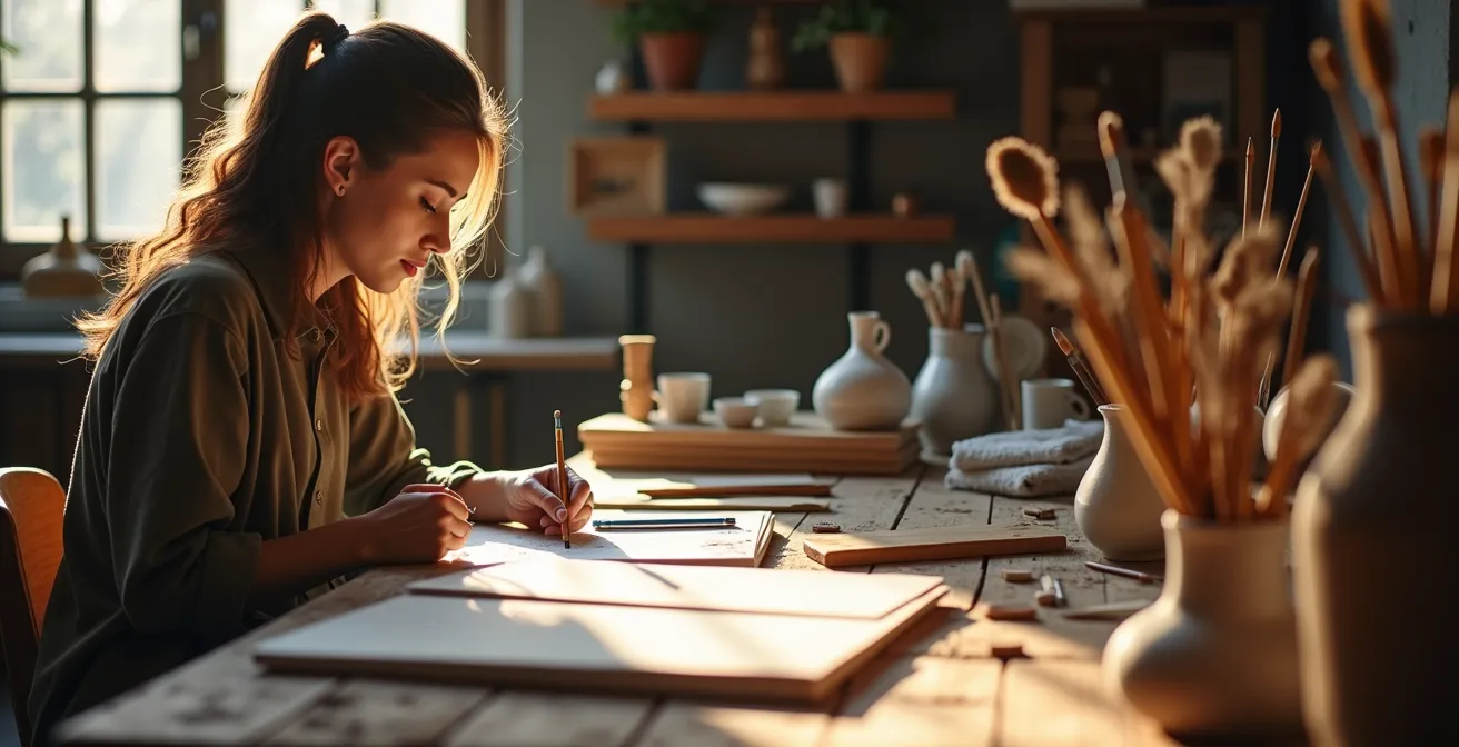 Ein einladender kreativer Arbeitsplatz mit verschiedenen Materialien in warmer, freundlicher Atmosphäre.