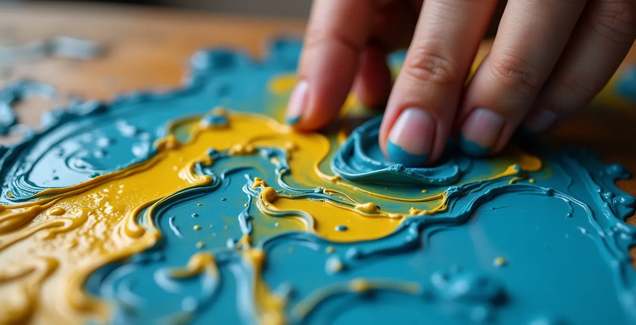 Kunstkurs in hellem Atelier mit Menschen verschiedenen Alters beim gemeinsamen Malen