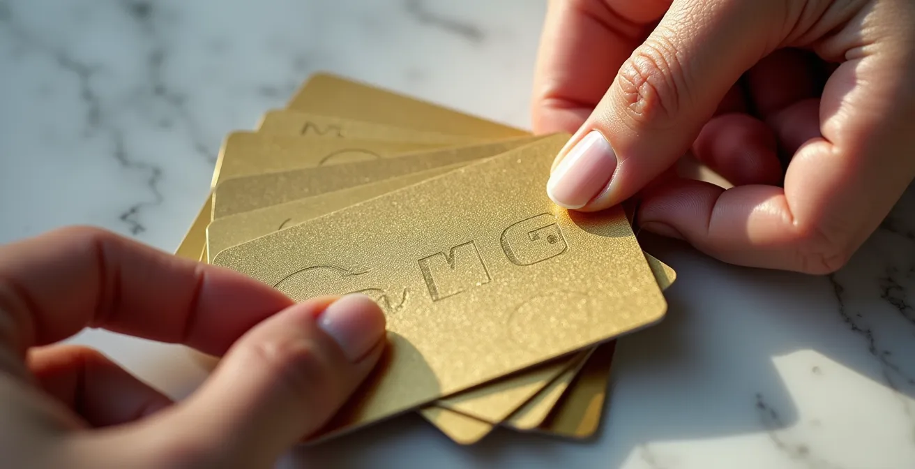 Elegante Hand mit mehreren Premium-Kreditkarten arrangiert auf Marmortisch