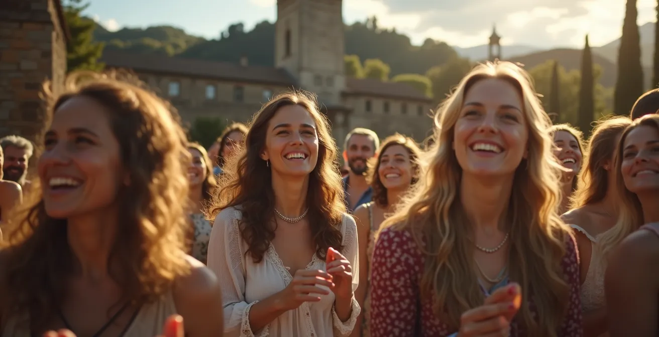 Ländliche Kulturveranstaltung in historischer Umgebung mit vielfältigem Publikum