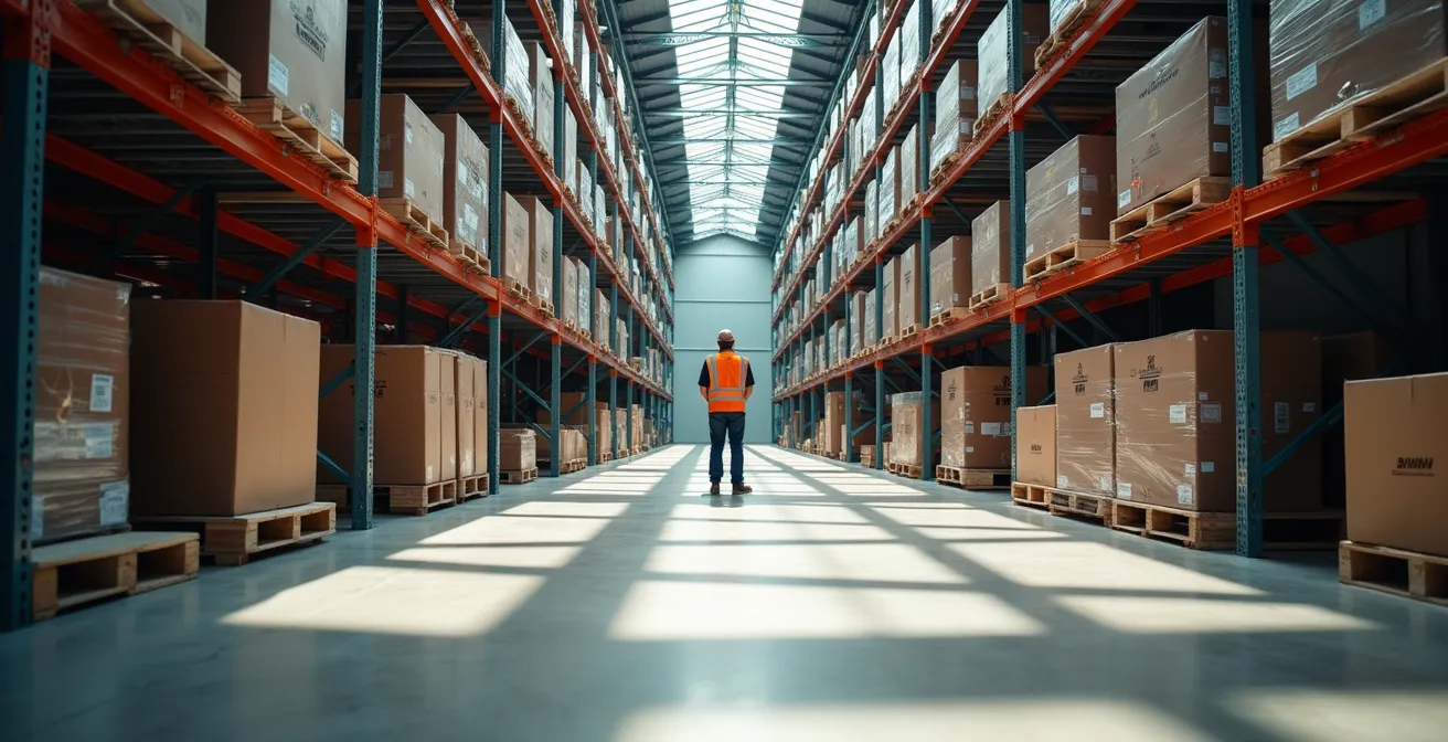 Weitwinkelaufnahme eines modernen Lagers mit strukturierten Regalreihen und negativem Raum