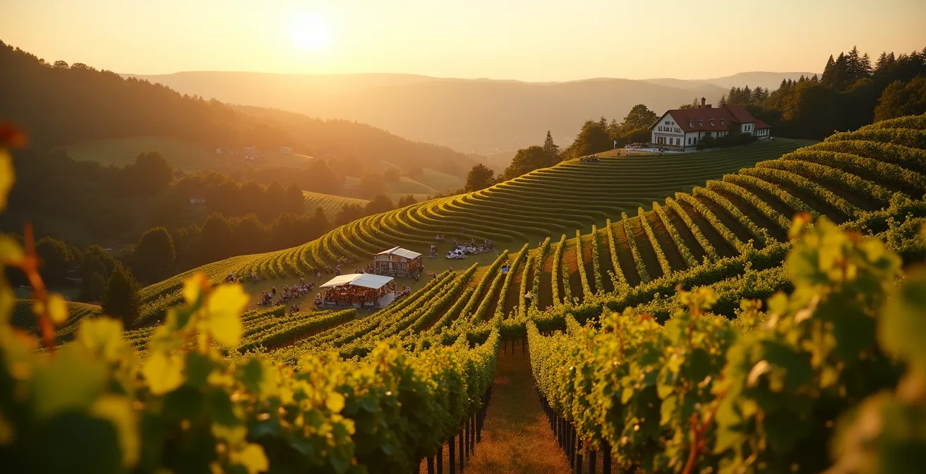 Einheimische feiern bei einem traditionellen Weinfest in den Weinbergen bei goldenem Abendlicht