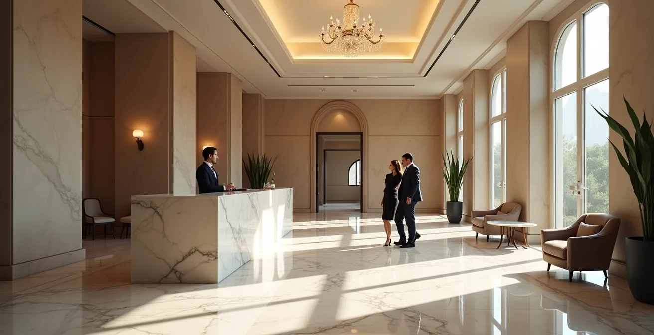 Elegante Hotellobby mit Rezeptionist und Gast im professionellen Gespräch