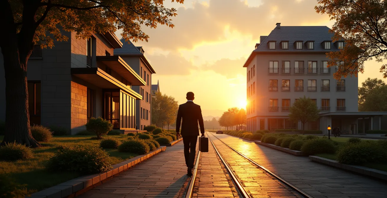 Ein elegantes Hotel in einer ruhigen Stadtrandlage in Deutschland, mit einer sichtbaren S-Bahn-Anbindung in der Ferne bei Sonnenuntergang.