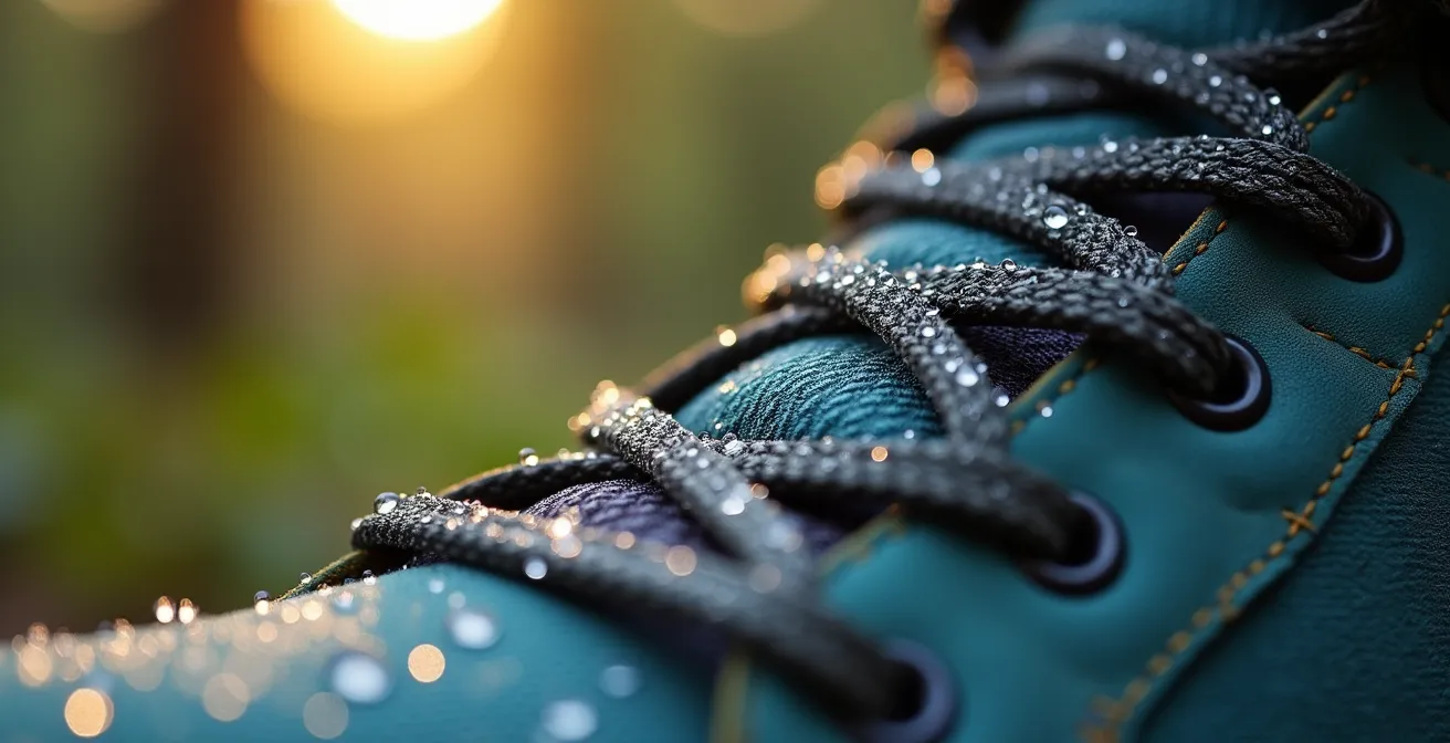 Extreme Nahaufnahme von Tautropfen auf Wanderschuh-Schnürsenkeln im Morgenlicht