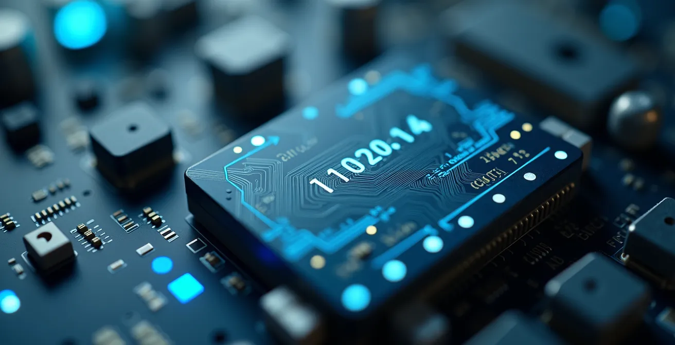 Nahaufnahme von Sensoren an einer Industriemaschine mit Datenvisualisierung