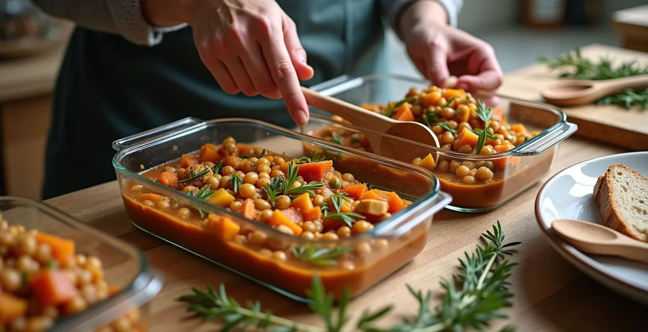Sonntagsvorbereitung für die Woche mit deutschen Gerichten in Glasbehältern