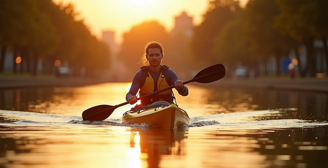 Kajakfahrer bei Sonnenuntergang auf städtischem Gewässer mit Waldkulisse