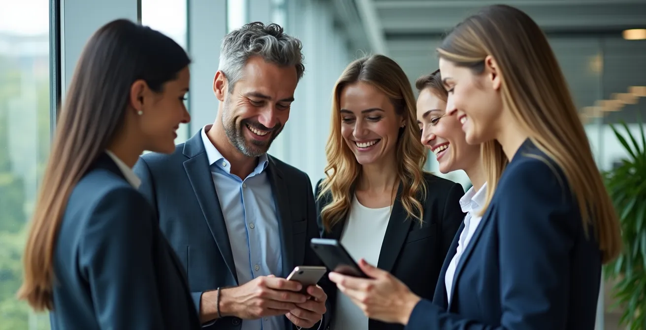 Mitarbeiter nutzen eine App zur Poolfahrzeugbuchung im modernen Unternehmensumfeld und zeigen sich zufrieden.