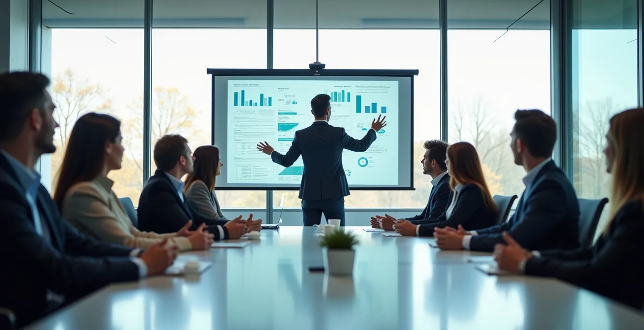 Mitarbeiter präsentiert Bildungsurlaub-Vorteile seinem Team