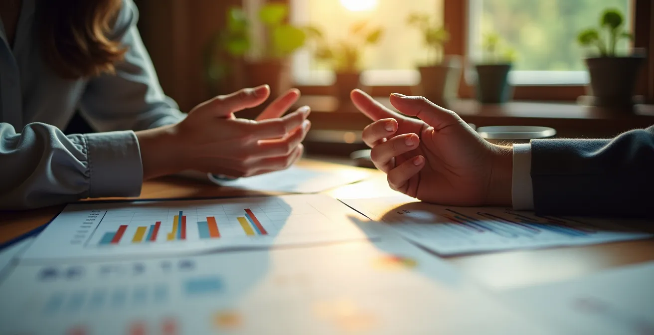 Vertrauliches Entwicklungsgespräch zwischen Führungskraft und Mitarbeiter in ruhiger Büroumgebung, Fokus auf den Händen über Entwicklungsdiagrammen.