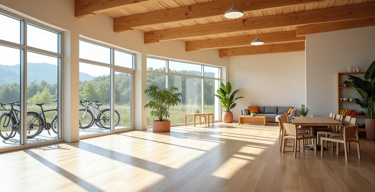 Kreative Darstellung moderderner Mitarbeiter-Benefits wie Dienstrad, Wellness und Familienfreundlichkeit in einem hellen Büroraum eines deutschen KMU.