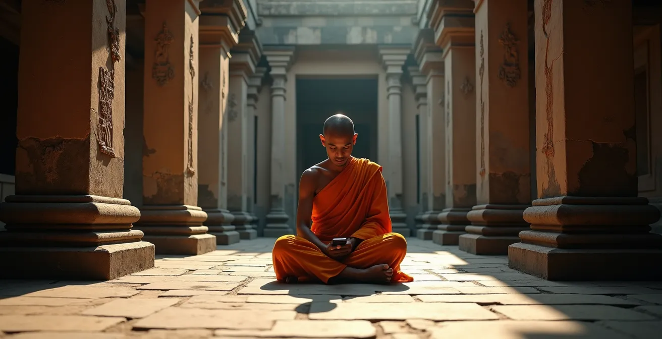 Mönch mit traditioneller Robe nutzt Smartphone in antikem Tempel, symbolisiert Modernität und Tradition