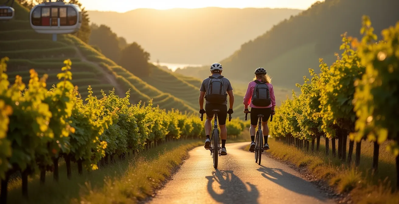 Radfahrer auf dem Mosel-Radweg zwischen terrassenförmigen Weinbergen