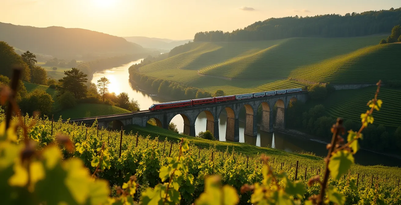 Regionalzug fährt durch malerische Weinberge entlang der Mosel