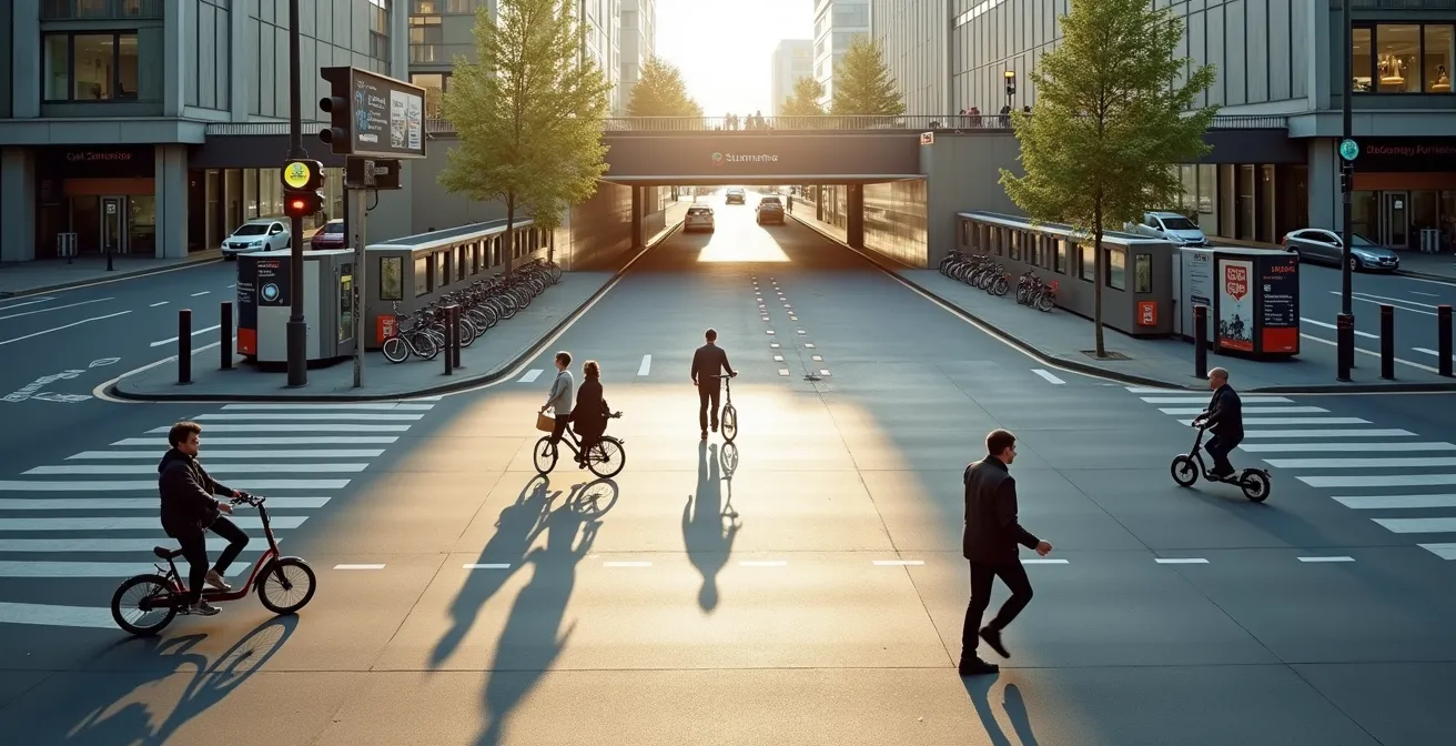 Verschiedene Verkehrsmittel in einer deutschen Großstadt - U-Bahn, Leihrad, E-Scooter und Fußgänger
