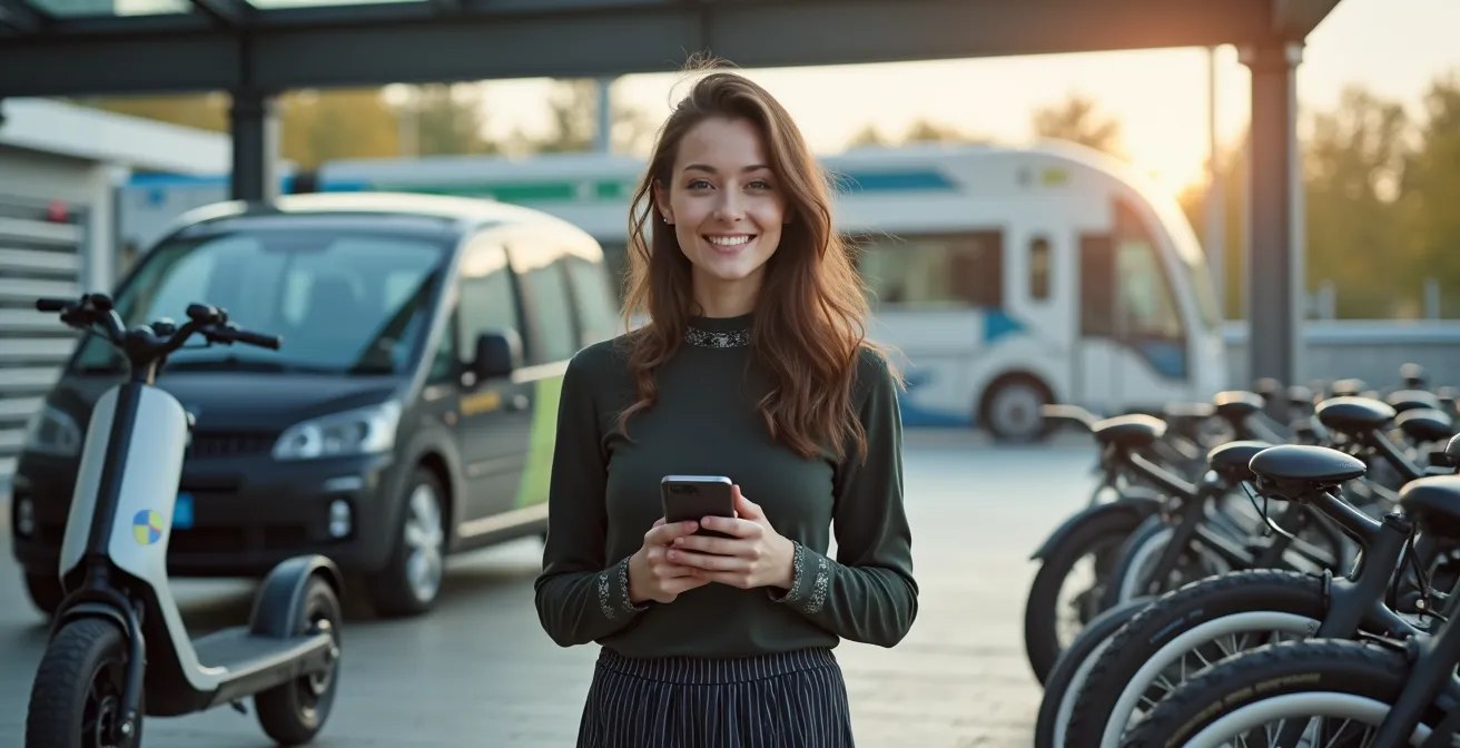 Nahaufnahme verschiedener Mobilitätsoptionen an einem deutschen Bahnhof, die einen flexiblen Arbeitsweg symbolisieren