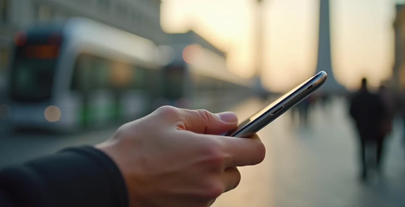 Nahaufnahme einer Hand mit Smartphone zeigt abstrakte Mobilitätsoptionen in Berlin