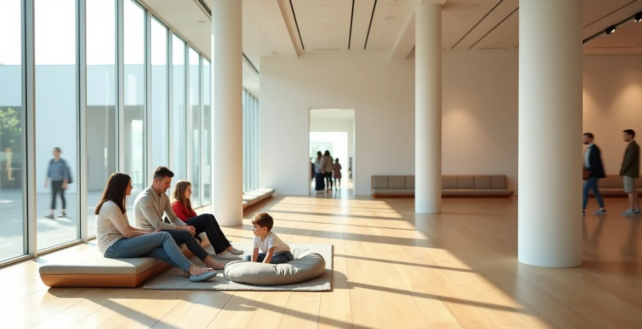 Familie entspannt in gemütlicher Museumslounge mit natürlichem Licht