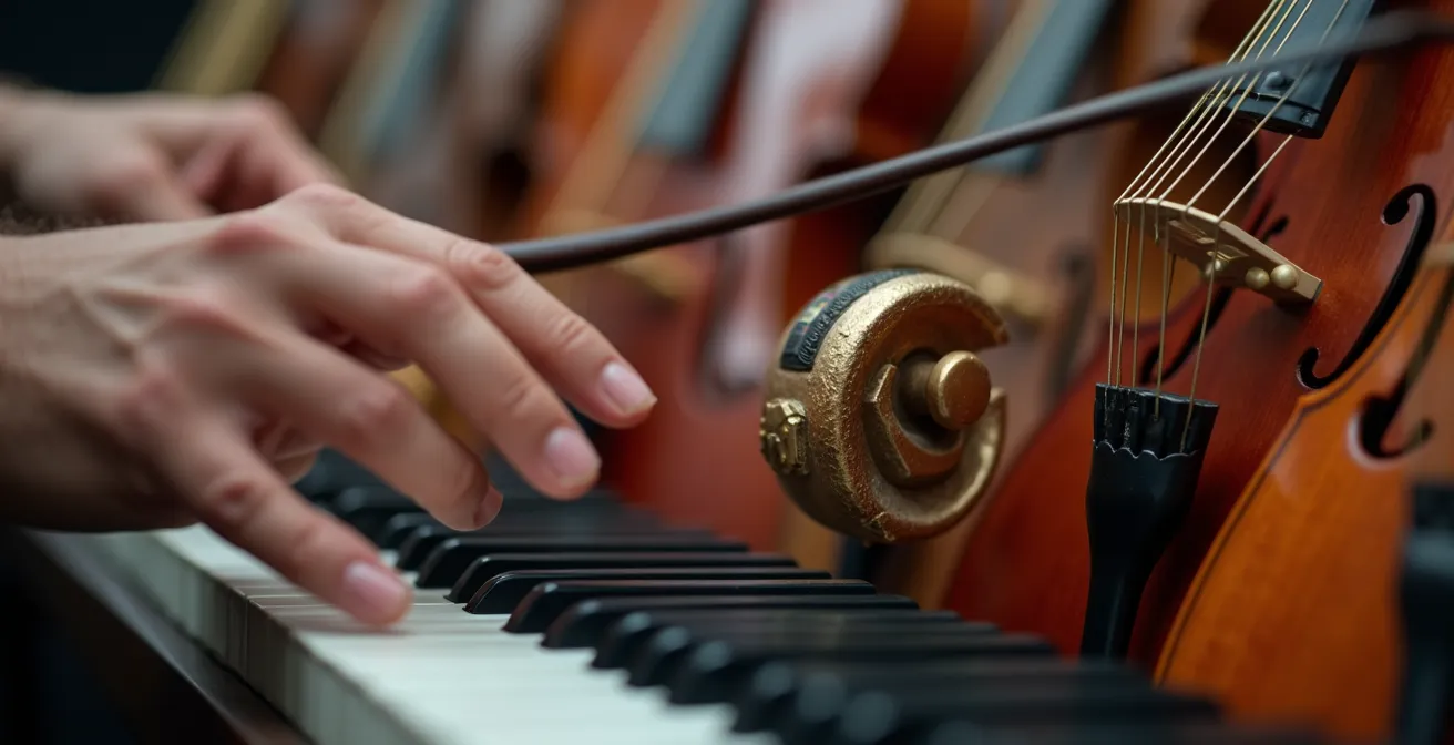 Nahaufnahme von Händen verschiedener Menschen, die unterschiedliche Musikinstrumente halten