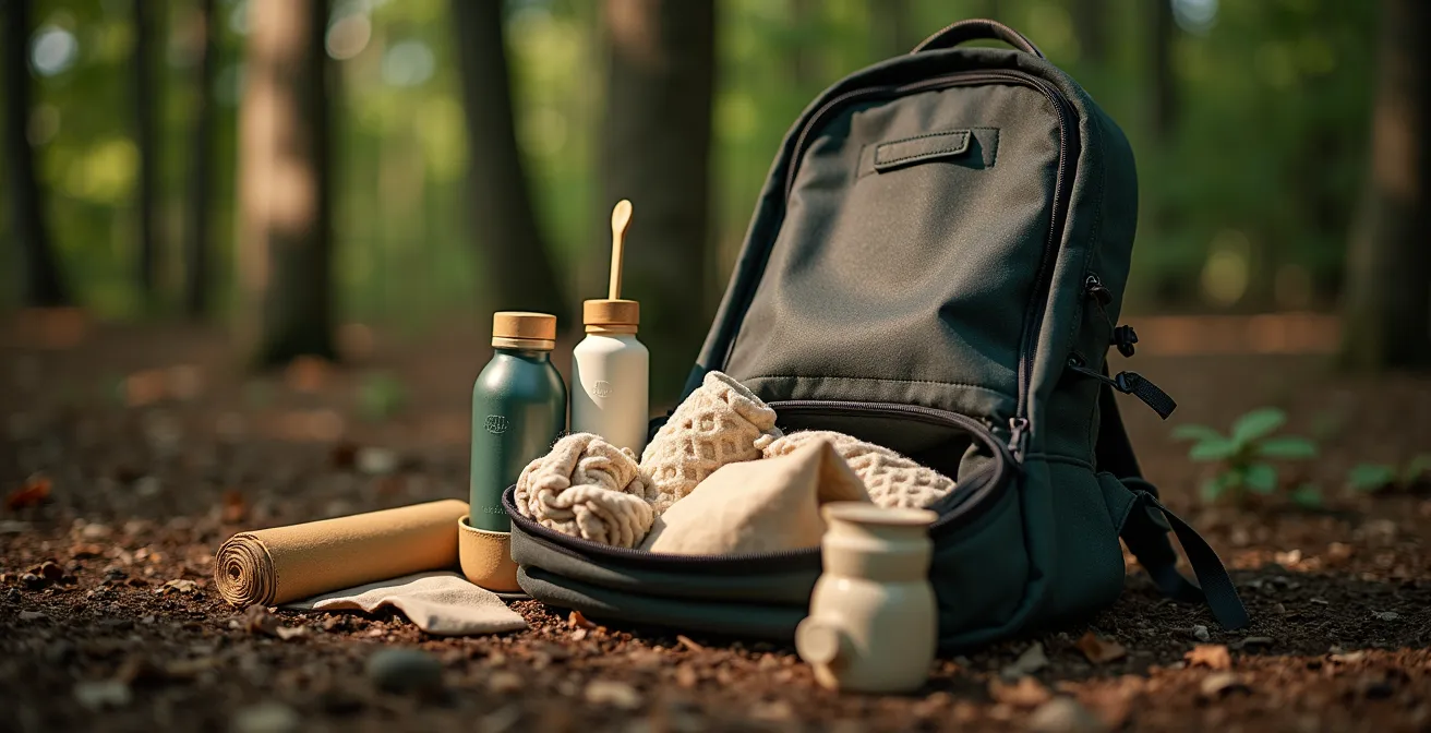 Minimalistisch gepackter Wanderrucksack mit wiederverwendbaren Behältern in deutscher Waldlandschaft