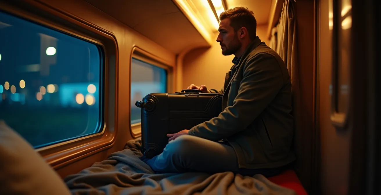 Nachtzugabteil mit gemütlicher Atmosphäre und Reisenden beim Einsteigen