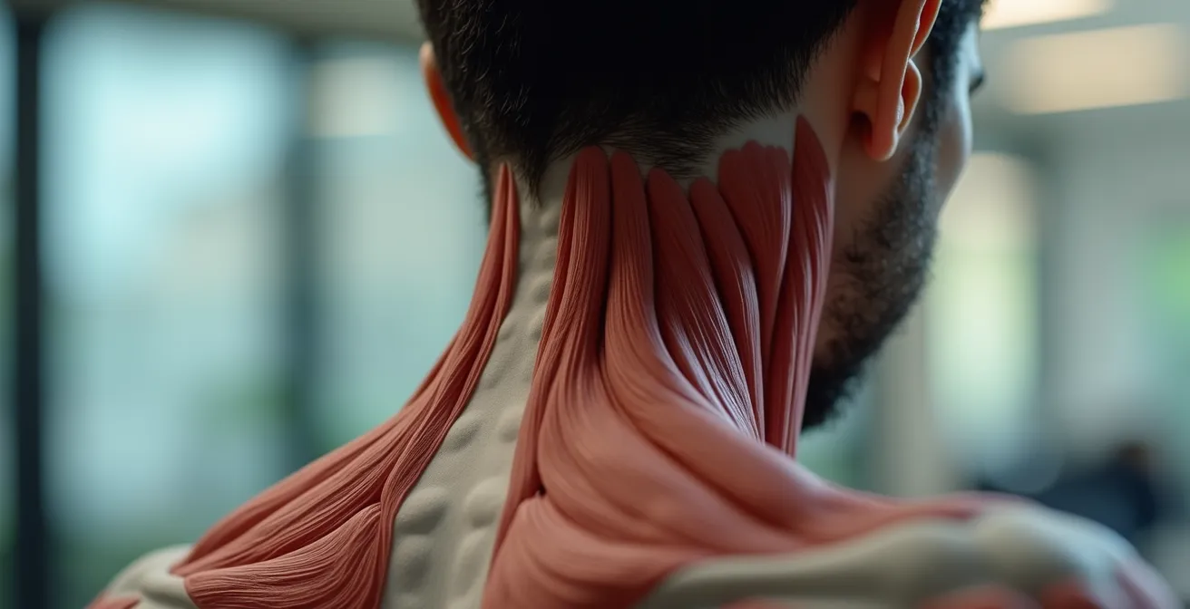 Makroaufnahme der Nackenmuskulatur und deren Verbindung zur Augenmuskulatur beim Büroarbeiten