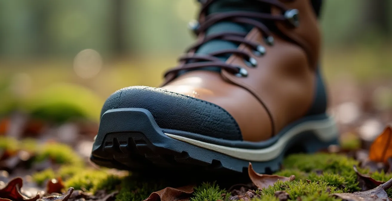 Makroaufnahme von Wanderstiefeln und Wandersocken auf Waldboden