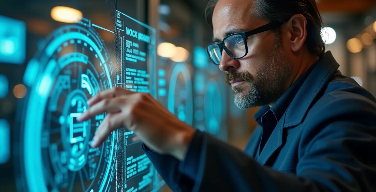 Techniker überwacht Maschinenleistung über Sensordaten