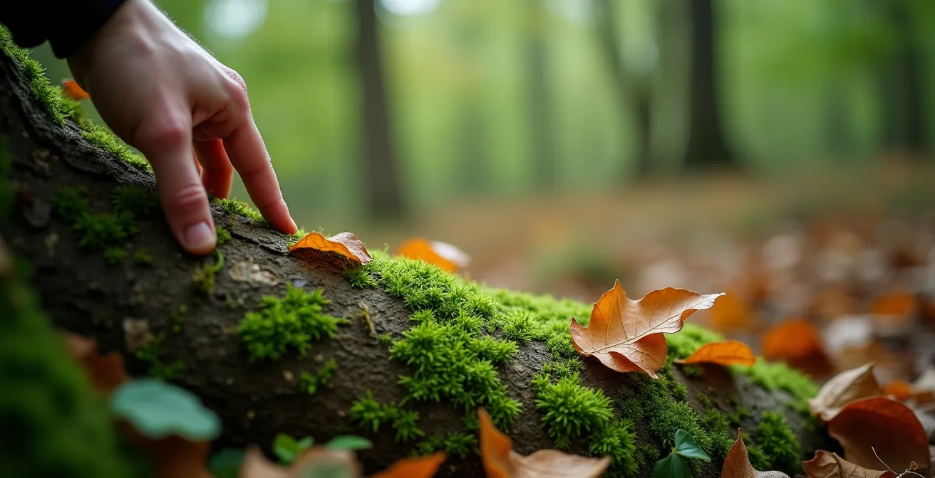 Person beim meditativen Waldspaziergang im deutschen Wald als Form der Alltagsregeneration